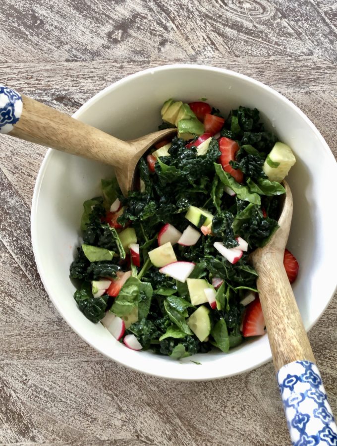 healthy strawberry kale and spinach salad